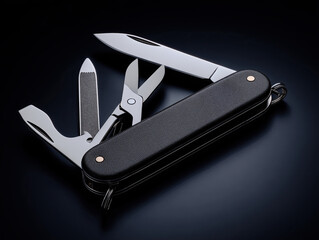 Compact craftsmanship multi-tool pocket knife with handle and accessories isolated on Dark Background