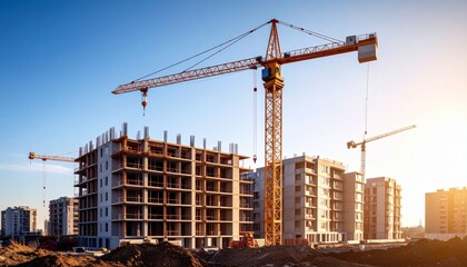 Fototapeta premium A large tower crane lifts materials at a new apartment building construction site under a clear sky