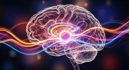 Abstract visualization of the human brain illuminated with vibrant swirling colors to represent the reactivation of emotional memories and neural pathways suitable for illustrating