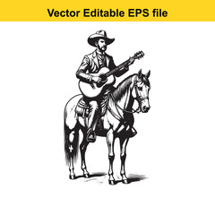 Cowboy playing guitar on horseback, isolated on white background