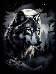 Majestic Wolf Head in Moonlit Forest Under Starry Night Sky and Mountain Forest background vector illustration with color vibrant details