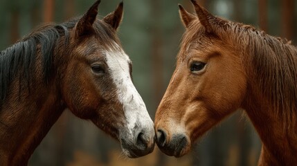 Obraz premium Horses interacting in a serene forest setting during the early morning light