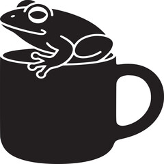 A simple black and white illustration of a frog sitting on the rim of a black coffee mug on white background