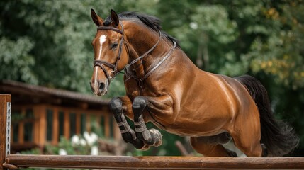 Majestic horse gracefully jumping over a barrier during equestrian training in a serene outdoor setting