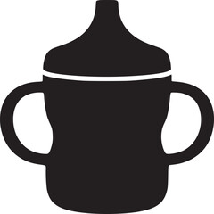 A black silhouette of a sippy cup with handles on a white background in a simple illustration