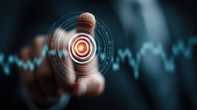 Businessman interacting with virtual interface on digital screen, showing financial data analytics graph, modern stock market analysis