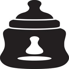 A black and white graphic illustration of a baby bottle with a nipple against a white background