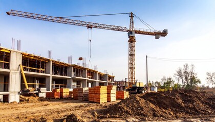A large tower crane lifts materials at a new apartment building construction site under a clear sky