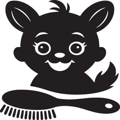 Black and white image of a cartoon animal with a hairbrush on a white background illustration