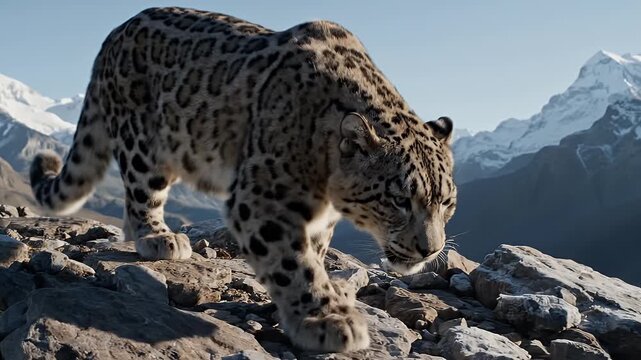 A snow leopard walks across rocky terrain in the mountains.