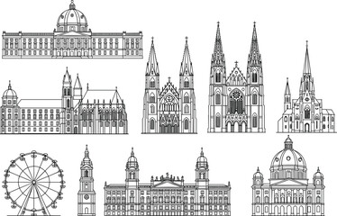Fototapeta premium Collection of famous European landmarks and architectural wonders in detailed line art, including cathedrals, palaces, and a ferris wheel, flat vector illustration