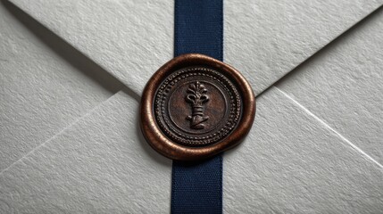 Wax sealed white envelope with a blue ribbon, decorative floral motif, close-up shot