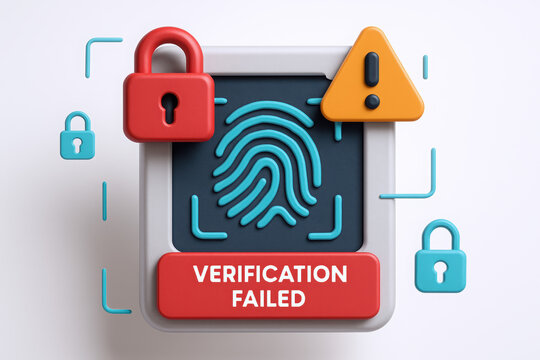 Colorful 3D illustration of a fingerprint with a verification failed message and security icons.