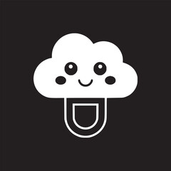 A white cloud with a smiling face and a u shaped handle on a black background simple illustration