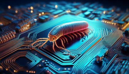 close up view of a worm crawling on a computer electronic circuit board cyber attack spyware malware concept