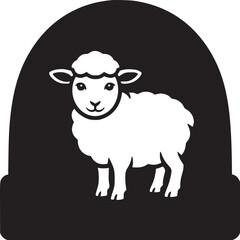 A stylized depiction of a white sheep inside a black rounded shape on a white background design art