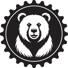A black and white illustration of a bear inside a cogwheel shaped border on a white background