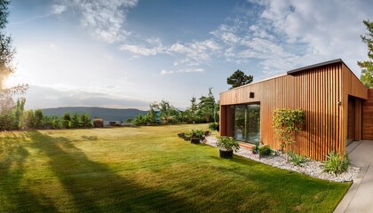Obraz premium panorama of house exterior with wooden wall and decorative plants
