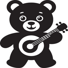 Black and white illustration of a teddy bear holding a ukulele on a white background vector art