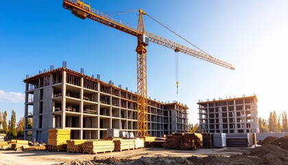 A large tower crane lifts materials at a new apartment building construction site under a clear sky