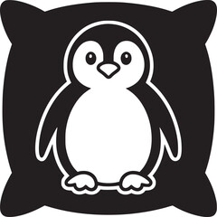 A cartoon penguin design on a black pillow with white background in simple black and white style
