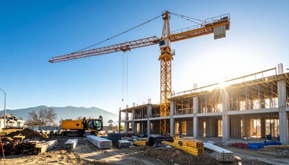 A large tower crane lifts materials at a new apartment building construction site under a clear sky