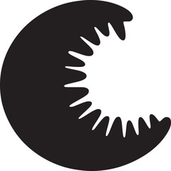 A stylized black crescent shape with jagged edges on a white background in a simple design style