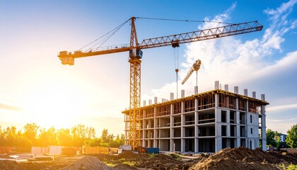 A large tower crane lifts materials at a new apartment building construction site under a clear sky