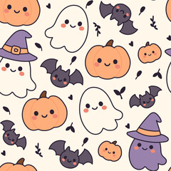 Vector seamless pattern with cute ghosts, smiling pumpkins, purple witch hats, and adorable bats. Pastel Halloween design perfect for kids, textiles, wrapping paper, stationery, and festive seasonal
