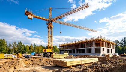 A large tower crane lifts materials at a new apartment building construction site under a clear sky