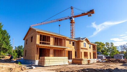 Fototapeta premium A large tower crane lifts materials at a new apartment building construction site under a clear sky