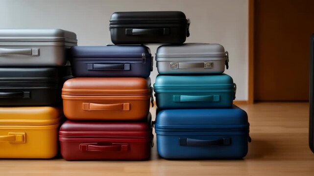 A stack of colorful suitcases on a wooden floor. The suitcases are of different colors and sizes, and they are arranged in a neat pile. Concept of organization and order, as well as a sense of travel