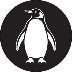 A minimalist black and white penguin illustration inside a circular black background design element