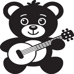 A black and white cartoon of a teddy bear playing a banjo with a happy face and round ears design