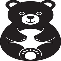 Stylized black bear sitting upright with a white belly and paw pads on a white background design icon