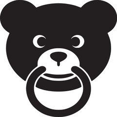 Black and white graphic of a bear with a pacifier in its mouth on a white background design icon