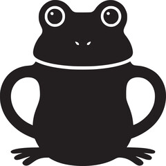 A black silhouette of a cartoon frog with large eyes and short legs on a white background image art