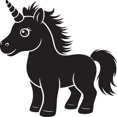 A black silhouette of a cartoon unicorn with a striped horn standing on a white background in a simple style