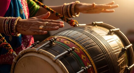 Traditional Indian Drummer Playing Dhol During Festive Celebration
