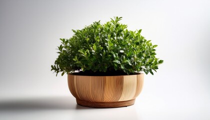 minimalist image of a lush green shrub planted in a modern wooden pot isolated on a white background for decor and design use