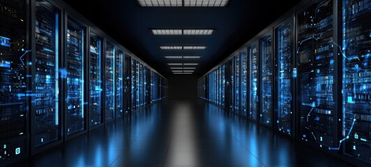 The Server Room Aisle of Illuminated Racks in a Futuristic Data Center Environment