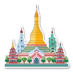 Obraz premium Colorful Asian Temple Complex Illustration with Gold Pagoda
