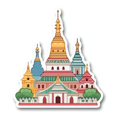 Obraz premium Colorful Asian Temple Illustration with Golden Spired Roofs
