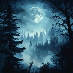Fototapeta premium Dark, foggy, mysterious forest. Full moon on the sky. Halloween backdrop. 