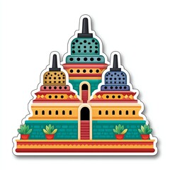 Colorful Three Tiered Temple Illustration with Teal Walls and Vibrant Domes