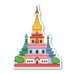 Obraz premium Colorful Tiered Pagoda Sticker Golden Spire Intricate Architecture Myanmar Cultural Illustration
