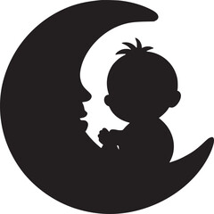 Silhouette of a baby sitting on a crescent moon with a face against a white background in a cutout style