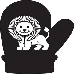 A black mitten with a white lion design on it in a simple black and white graphic illustration