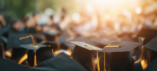 The Graduation Caps in a Sunlit Outdoor Commencement Ceremony Filled with Celebrants