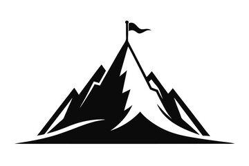 Black Mountain Peaks Silhouette with Summit Flag, Symbolic of Success and Achievement